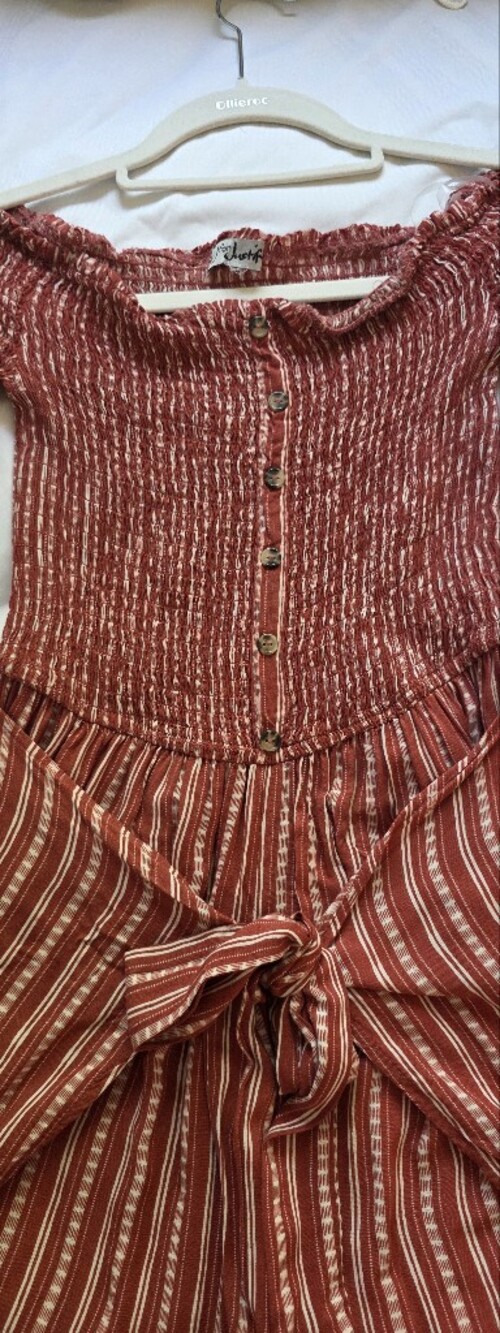 Rust-Red Striped Smocked Jumpsuit with Front Buttons